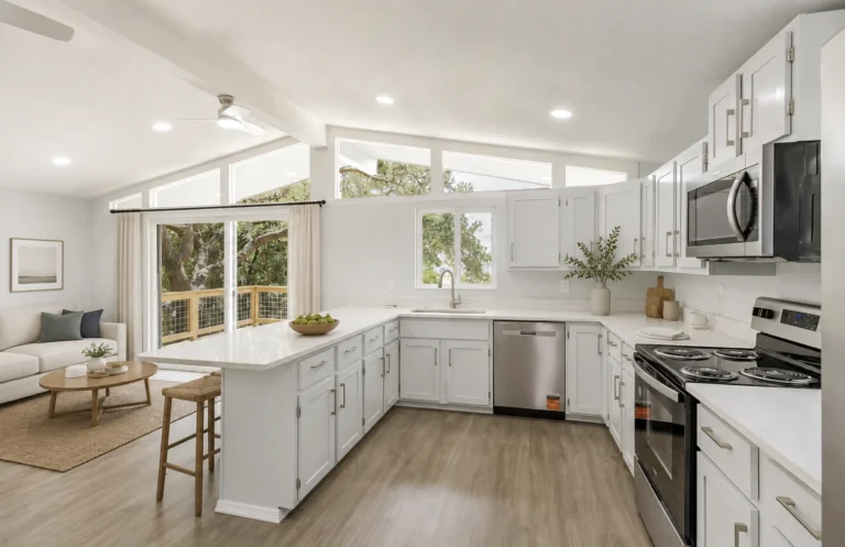 Virtually staged kitchen and living area at 1560 Skyline Hills